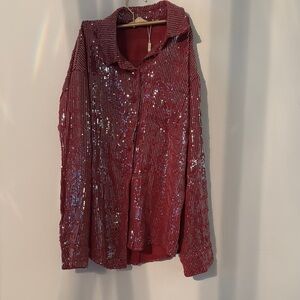 Red Oversized Sequin Button Down Shirt